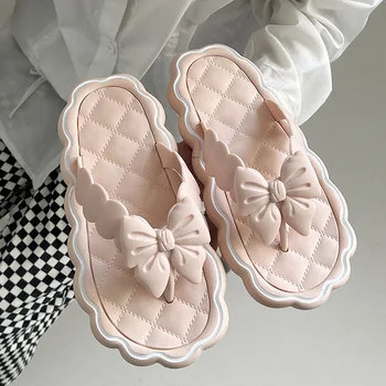 Чехли, елегантни дамски сандали с мека подметка, лятна градинска обувки на плоска подметка с лък, скъпа дамски обувки, универсален
