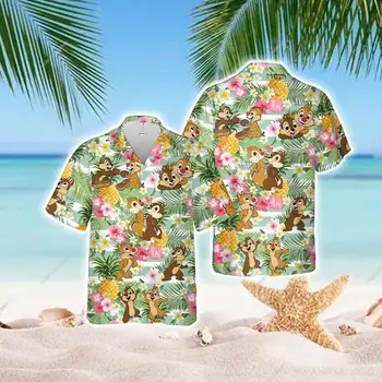 Чип И Дейл, Тропически Хавайски Модерна Лятна Мъжка риза с Къс ръкав, Disney Chip N Dale, Хавайска Риза, с Плажна Риза с копчета