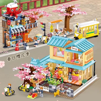 2022 Градски Творчеството на Японския Вид Навън Цъфтят Сакура Настаняване в Семейство на Модел на Такояки Строителни Блокове, Тухли, Играчки, Подаръци За Рожден Ден