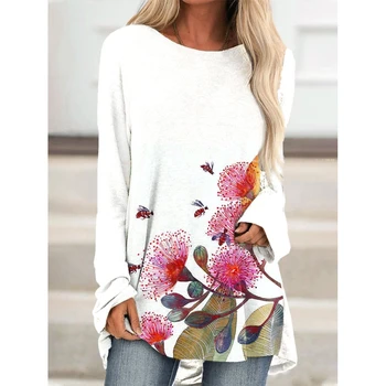 CLOOCL/ Нова дамски фланелки, блузи с дълъг ръкав, риза с кръгло деколте и 3D принтом във формата на цвете акация, минималистичен стил, блуза Оверсайз
