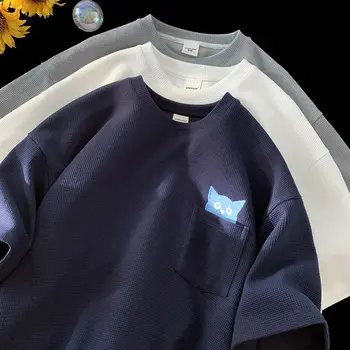 Gmiixder, Вафельная тениска с къс ръкав За мъже и жени, 2023SS, Кавайная тениска с малки джобове в опрятном стил, риза с бродерия Котка с къс ръкав