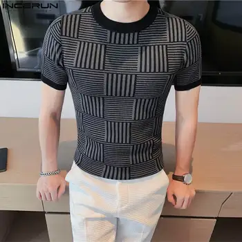 INCERUN Върховете 2023, Корейски стил, Мъжки, Черно-бял Camiseta Неправилна форма, Ежедневни Модерен мъжки Тениски с кръгло деколте и къс ръкав S-5XL