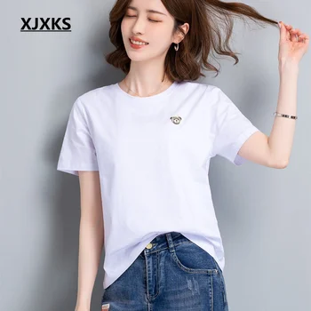 XJXKS Висококачествена тениска от естествен 100% памук, Дамски Блузи с къс ръкав, Лятна Новост 2023, Удобни Ежедневни Дамски дрехи