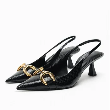 Дамски летни черни обувки-лодка LEO 2023, златни декоративни елементи, дамски обувки на висок ток с остър пръсти, сандали на тънките токчета