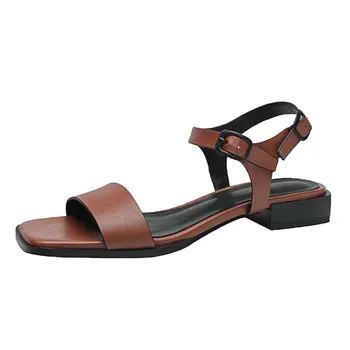 Дамски сандали от естествена кожа с каишка на щиколотке, летни сандали с катарама в една дума, на нисък ток, черно-кафяв, обувки големи размери с отворени пръсти на марката SmallHut