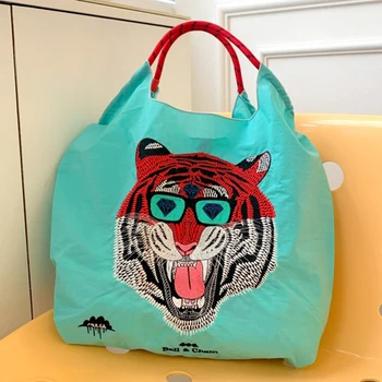 Еко чанта с бродерия котка, чанти за жени, чанта през рамо с топка, чанта-купувач с тигър, чанти и портмонета с веревочной дръжка, за домашни любимци-скитник