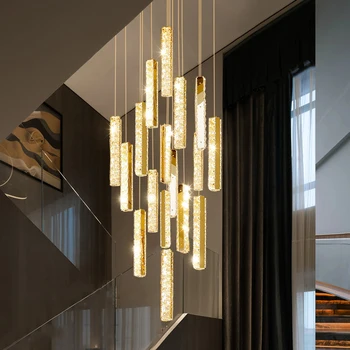 Златна Луксозен кристален полилей за стълби, двухуровневого сграда, аксесоари за дома, Вили, дневната светлина, въртяща се светодиодна лампа с дълъг дизайн