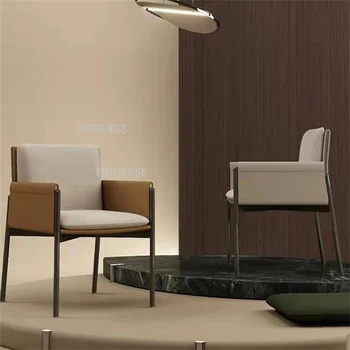 Италиански минималистичные кожени трапезни столове за кухня, скандинавски лесно луксозно кресло, дизайнерска домакински стол с една облегалка