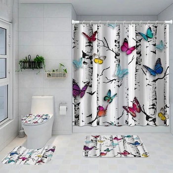 Комплект непромокаеми завеса за душ с пеперуда в банята с 12 куки, калъф за седалката на тоалетната чиния, нескользящий мат, черги, Килими, моющийся Начало декор