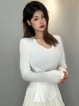 Корейската облегающая женска тениска, секси тениска с висока талия, на тънка ракла, отгоре с дълъг ръкав, дамски ризи, модни дамски блузи JA8U