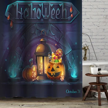 Крайно душ завеси, плат с 3D-принтом на Хелоуин, пастельная водоустойчива душ завеса за баня, начало декор с принтом тикви и прилепи, с куки