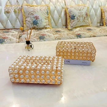 Лека луксозна позлатена стоманена художествена кутия за салфетки Ръчно изработени от кристал, злато, Прозрачна Кутия за съхранение в хола