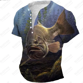 Лятна Мъжка тениска с къс ръкав, V-образно деколте, Свободно Топ копчета, Хавайски Топ с 3D Принтом, За Дома, за Пътуване, Риболов, Кои, по-Големи Размери, Нестандартен 2023