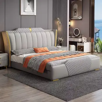 Модерна минималистичная легло от мека кожа, 1.8 m, двойно легло в основната спалня, 1,5 м на легло за съхранение на втората спалня е с високо кутия за съхранение, домакински кожа