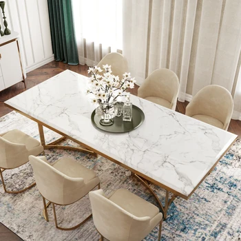 Модерна мраморна маса с правоъгълен плот, златни крачета от неръждаема стомана, за кухня и трапезария