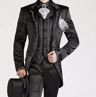 Най-новият черен изработена по поръчка сатен, сватбен костюм за мъже, Комплект от 3 теми, ушити по поръчка смокинги с ревери в стил мандарин, абитуриентски, модерен дизайн, тънък блейзър