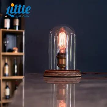 Настолна лампа със стъклен абажуром, дървен ретро творчески лека нощ с крушка, нощно шкафче за домашна спални, кафе-бар, настолна лампа