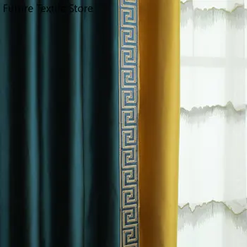 Нови пердета с бродерия в китайски стил от изкуствена коприна павлиньего цвят, сини цветни блокове, завеси за хол, трапезария, спалня