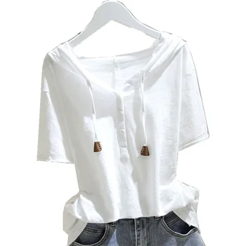 Памучен бяла тениска с качулка и с къс ръкав, дамски лятна новост 2023, свободна hoody с качулка, тънък топ tide