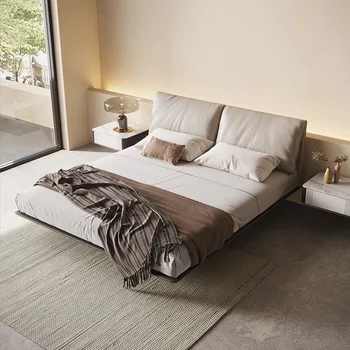 Подвесная легло от естествена кожа, с уши на слон, Луксозно модерно Спално бельо, Кожено легло от масивно Дърво, Меко легло, италиански минимализъм
