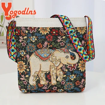 Ръчна чанта Yogodlns с бродирани слон, дамски нова ретро чанта през рамо с голям капацитет, найлон вязаная ежедневни преносима чанта