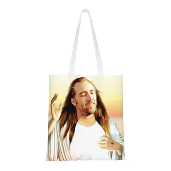 Чанти-тоут с забавен принтом Николаса Кейдж., миещи холщовые чанта на рамото, чанта за купувач Jesus Meme