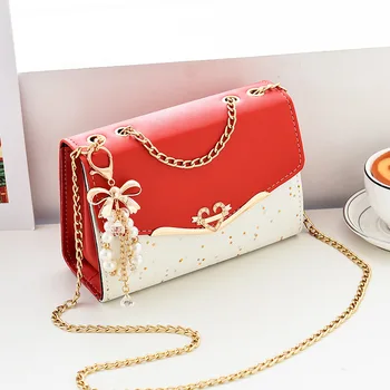 Червена Дамска чанта от Изкуствена Кожа, с Висококачествена Чанта През рамо с пайети, Чанта на едно рамо за Момичета, Чанта за мобилен телефон, Портфейл, Метална каишка Chian