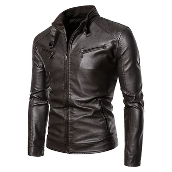 Яке от изкуствена кожа, мъжки черна мека яке от изкуствена кожа, мотоциклетни байкерские модни кожени палта, мъжко яке-бомбер с джобове, дрехи